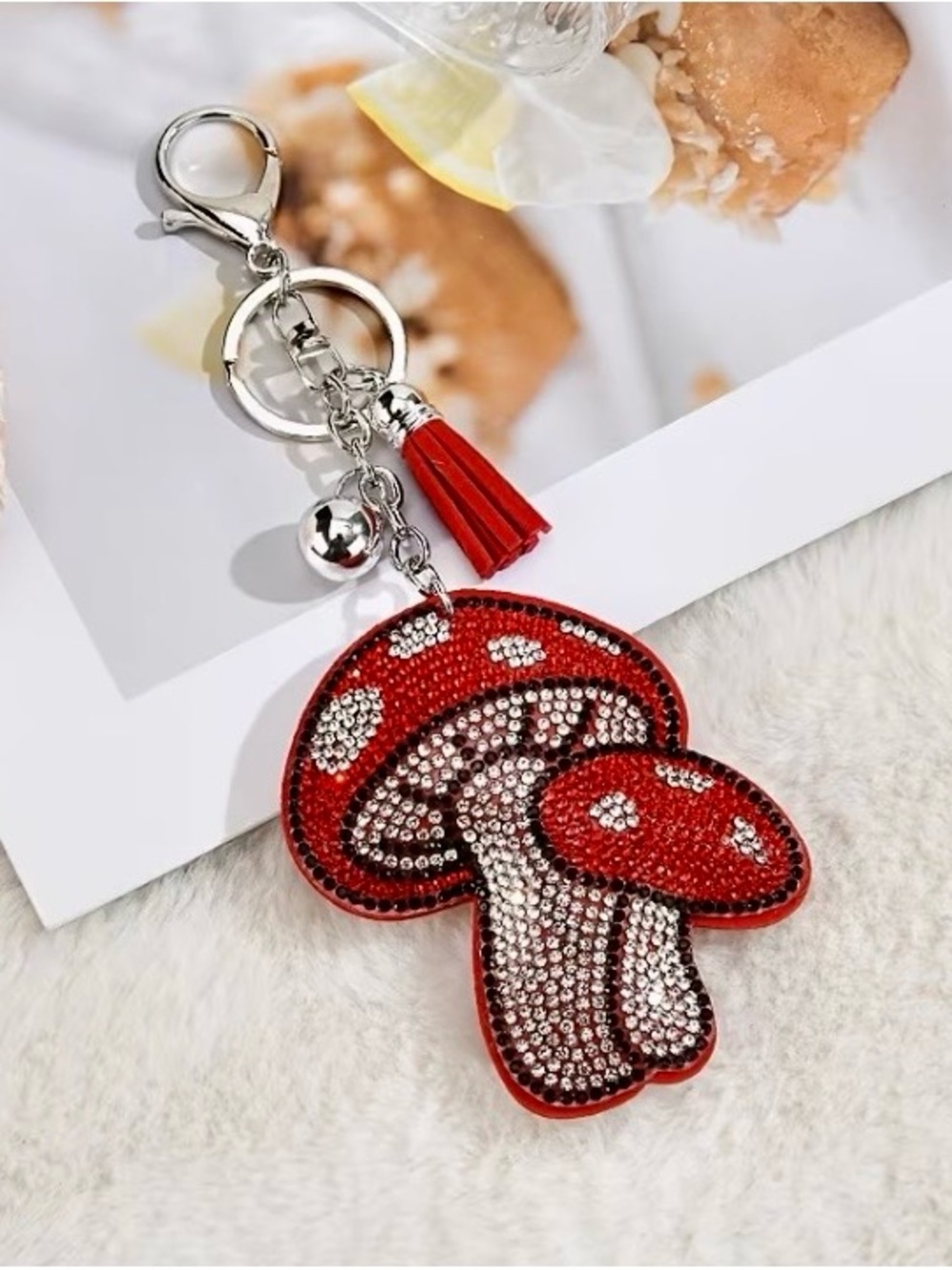 $42.00- Red Crystal Tassel Mushroom Bag Charm Keychain